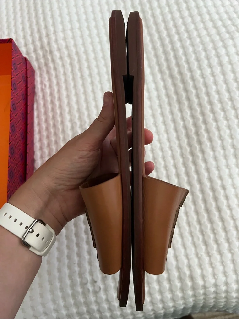 Tory Burch Cognac Leather Logo Slide Sandals